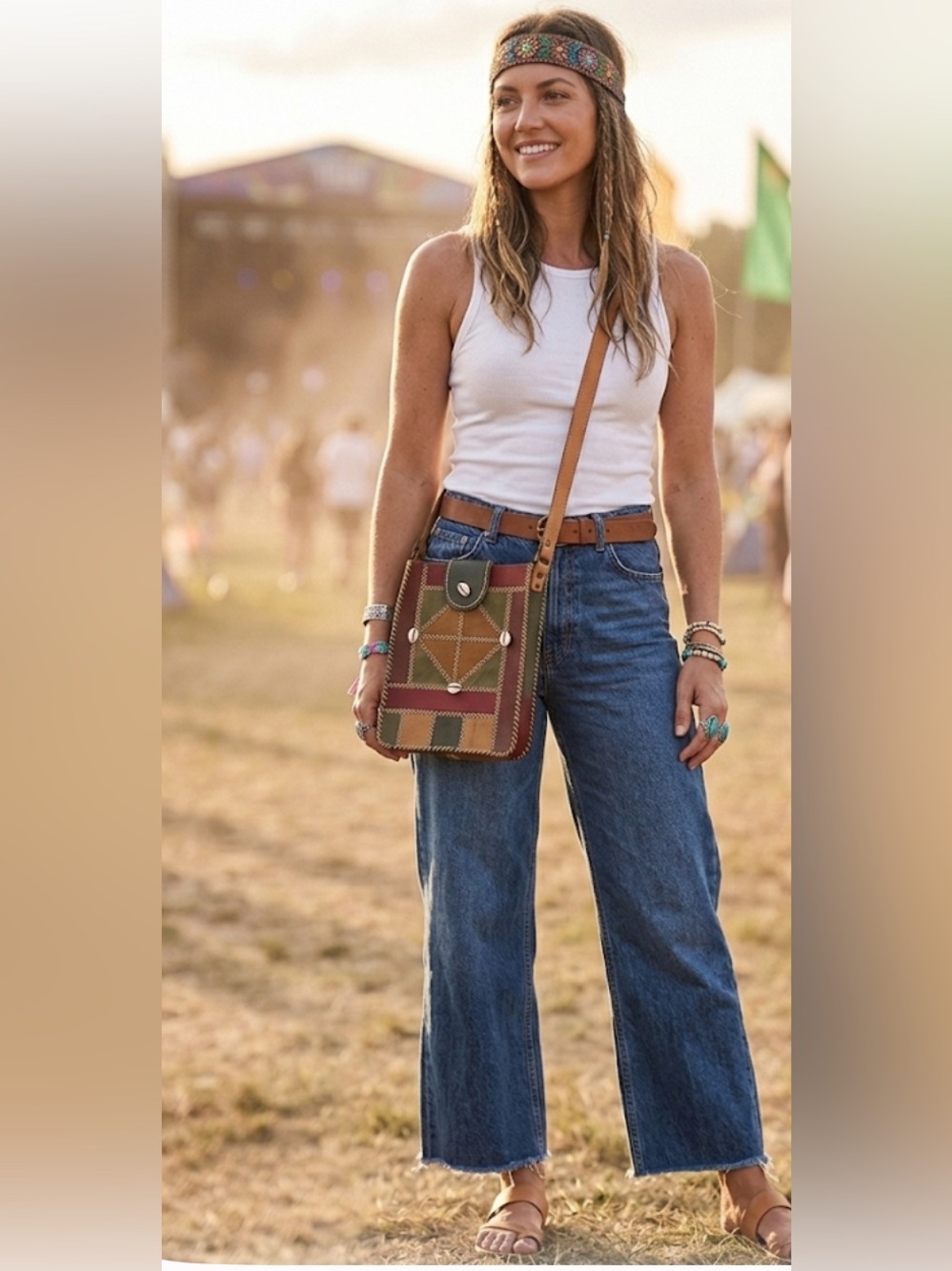 Artisan Handcrafted Patchwork Leather Boho Crossbody Bag Cowrie Shells Festival